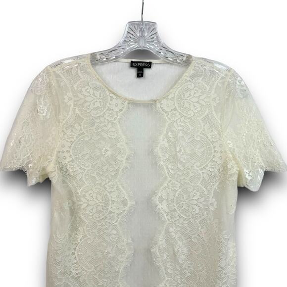 Express Sheer Lace Short Sleeve Top Blouse Eyelish Trim Cream Off White Size XS - Picture 2 of 7